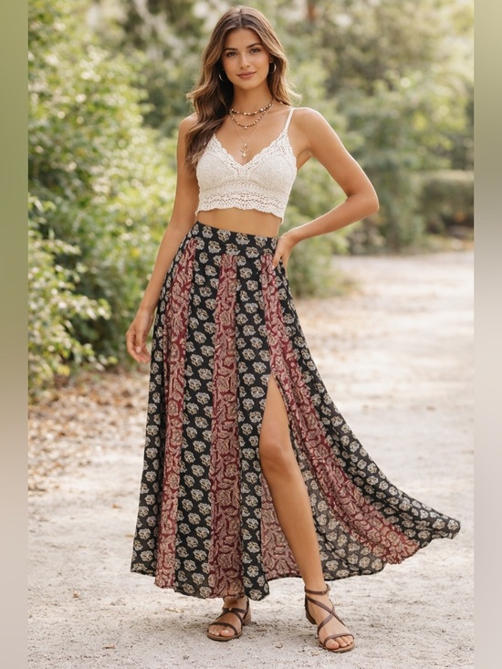 NATURAL LIFE Dresses & Skirts - NATURAL LIFE Boho Flowy Maxi Skirt | Side Slit | Mixed Print Panel